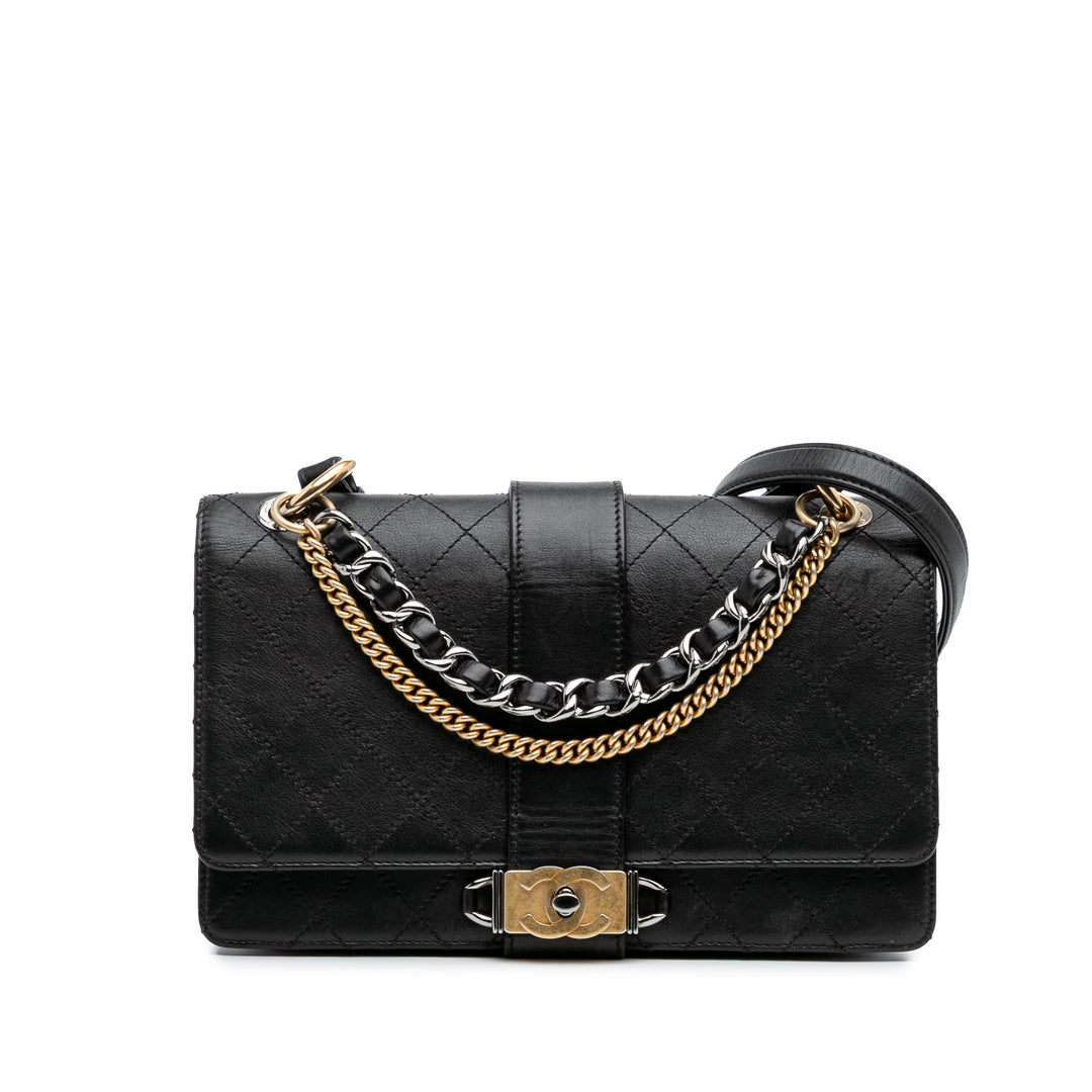 Quilted Calfskin Double Chain Top Handle Flap Black - Gaby Paris