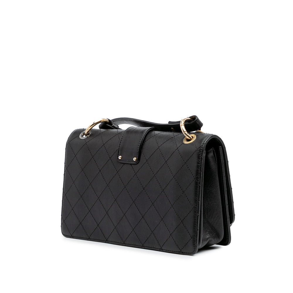 Quilted Calfskin Double Chain Top Handle Flap Black - Gaby Paris