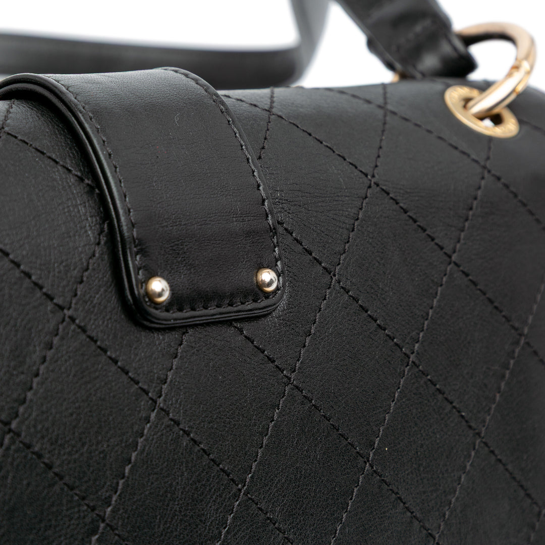 Quilted Calfskin Double Chain Top Handle Flap Black - Gaby Paris
