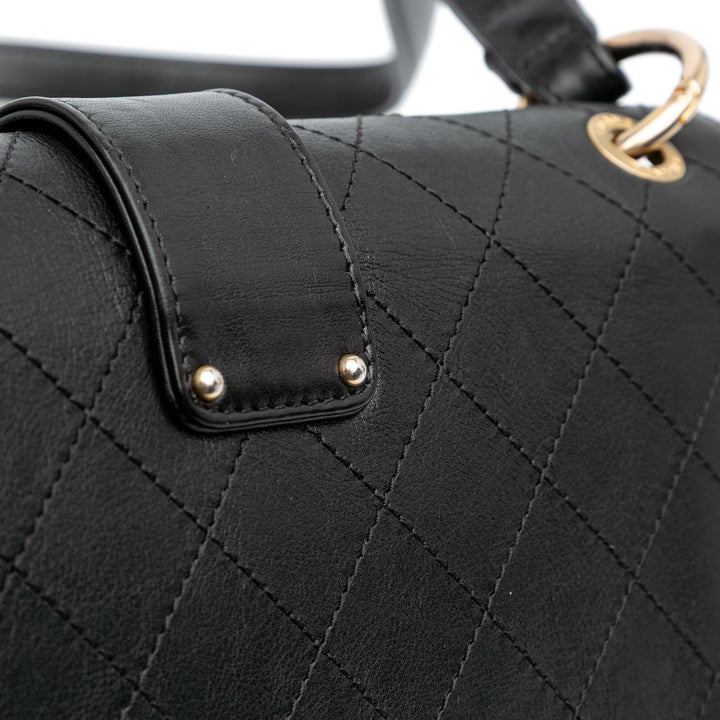 Quilted Calfskin Double Chain Top Handle Flap Black - Gaby Paris