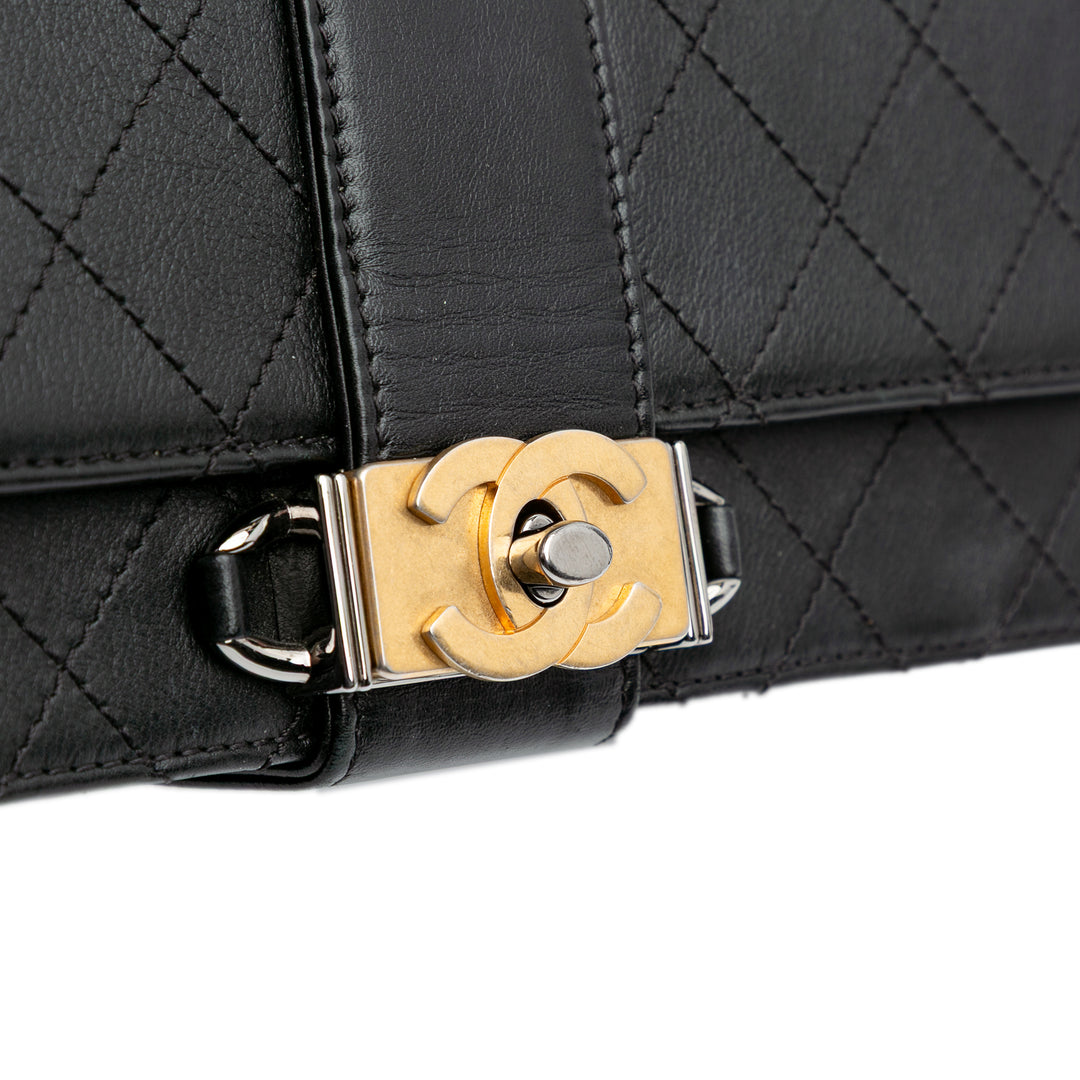 Quilted Calfskin Double Chain Top Handle Flap Black - Gaby Paris