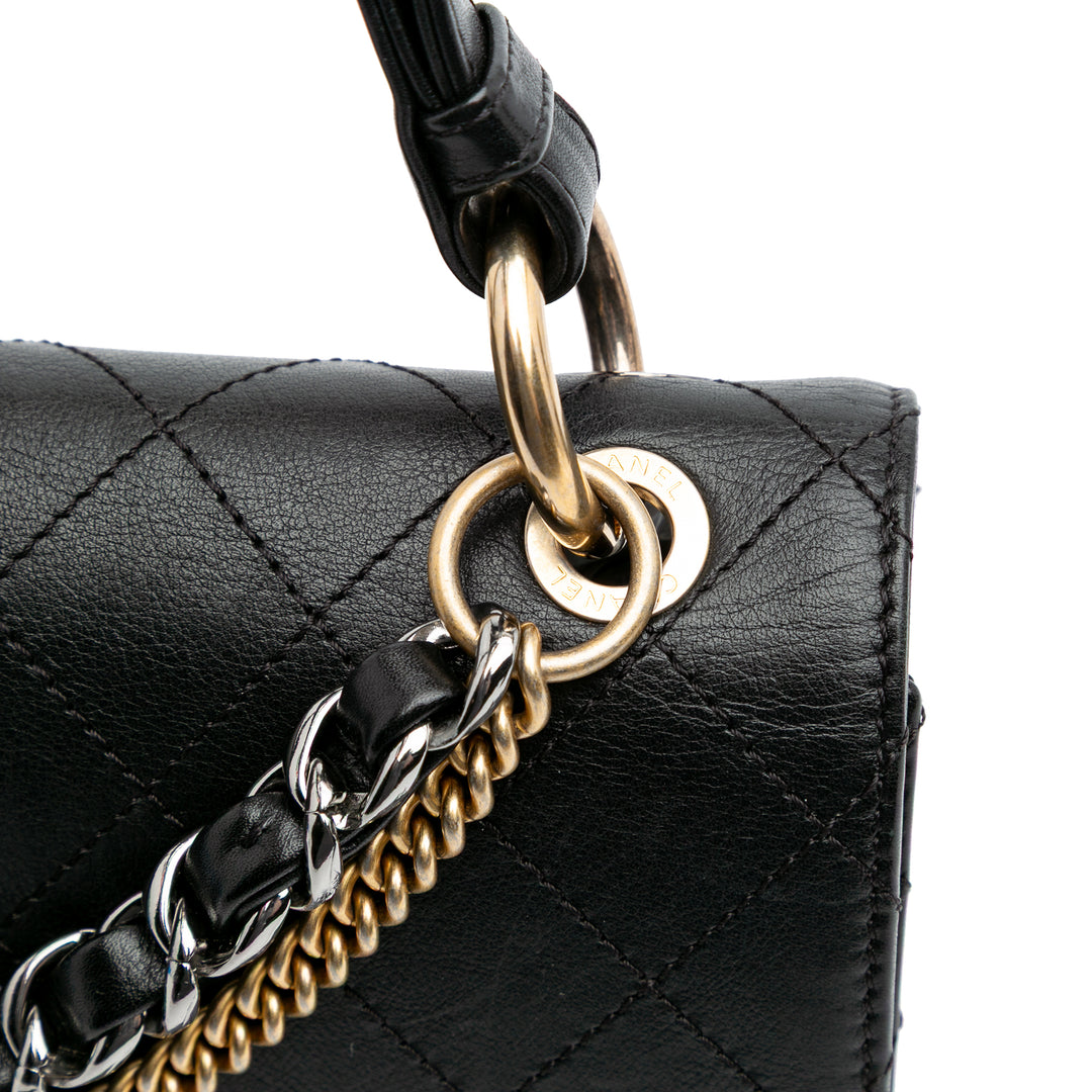 Quilted Calfskin Double Chain Top Handle Flap Black - Gaby Paris