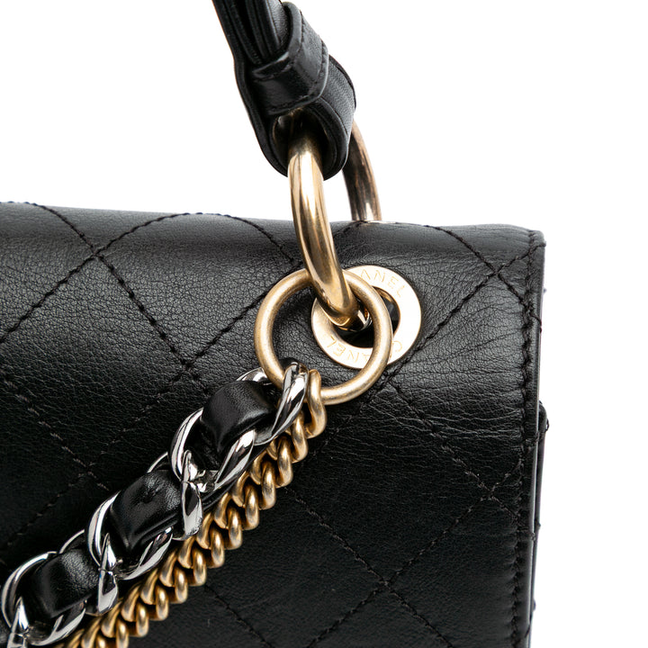 Quilted Calfskin Double Chain Top Handle Flap Black - Gaby Paris