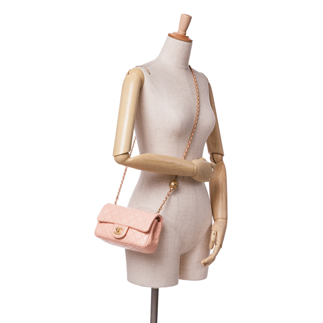 Mini Rectangular Lambskin Pearl Crush Flap Pink - Gaby Paris