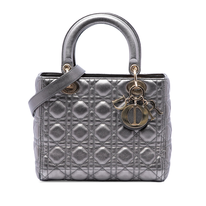 Lady Dior Métallisé Cannage Moyen Cuir d'agneau Argenté