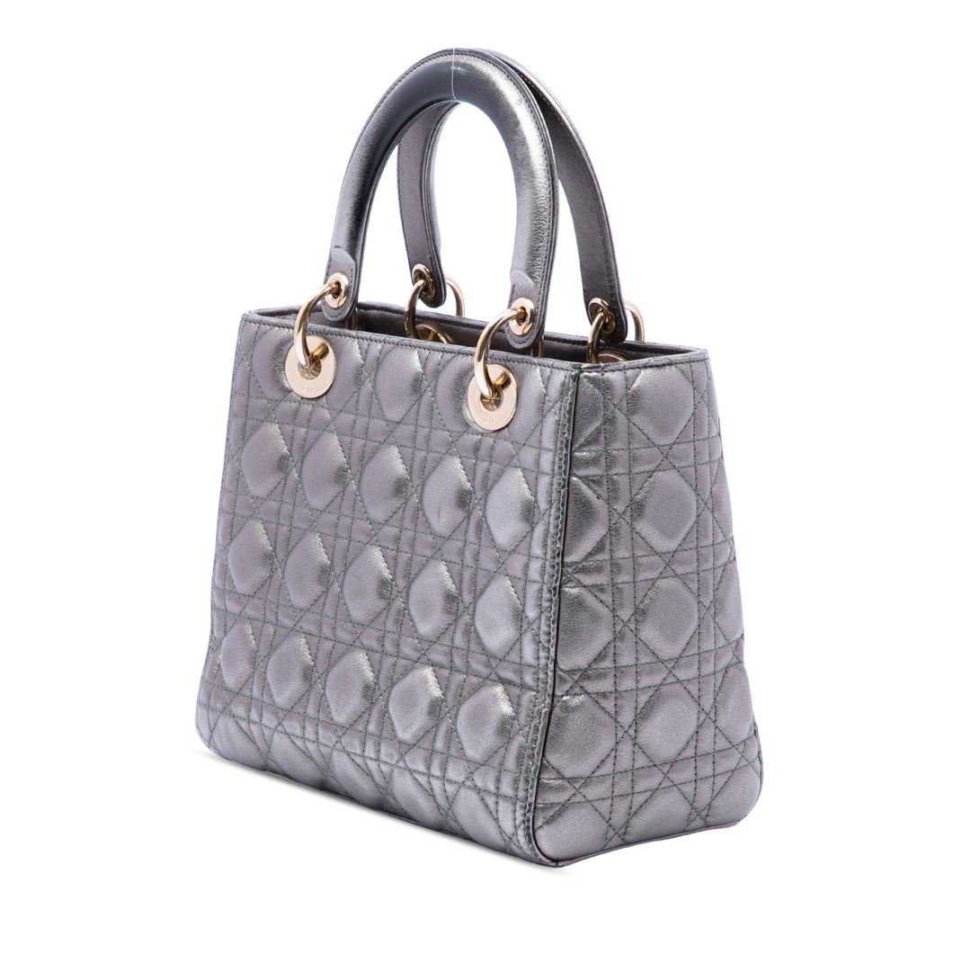 Lady Dior Métallisé Cannage Moyen Cuir d'agneau Argenté