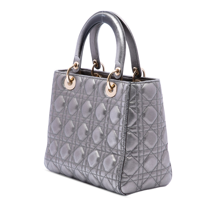 Lady Dior Métallisé Cannage Moyen Cuir d'agneau Argenté