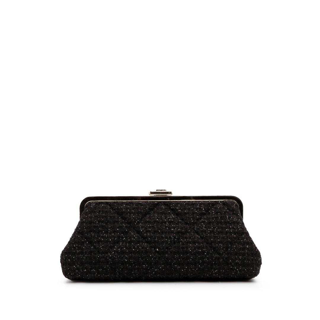 Quilted Tweed Kisslock Clutch Black - Gaby Paris