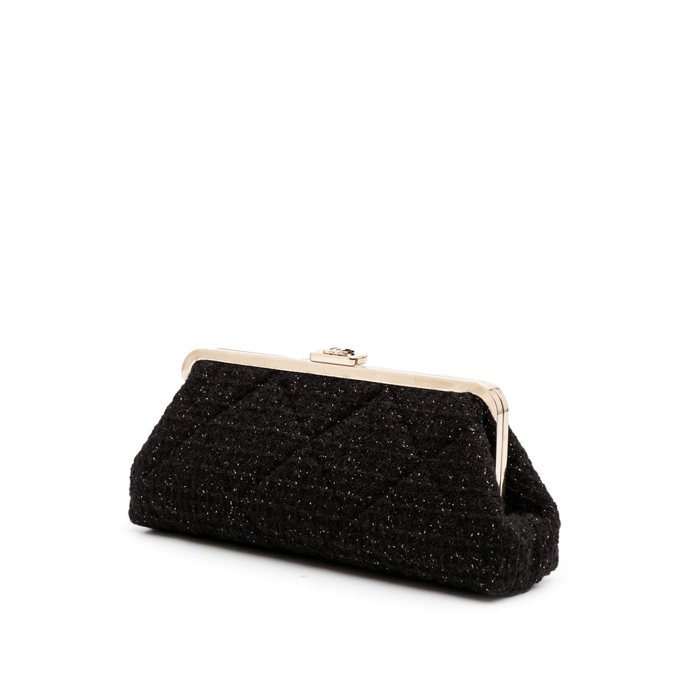 Quilted Tweed Kisslock Clutch Black - Gaby Paris