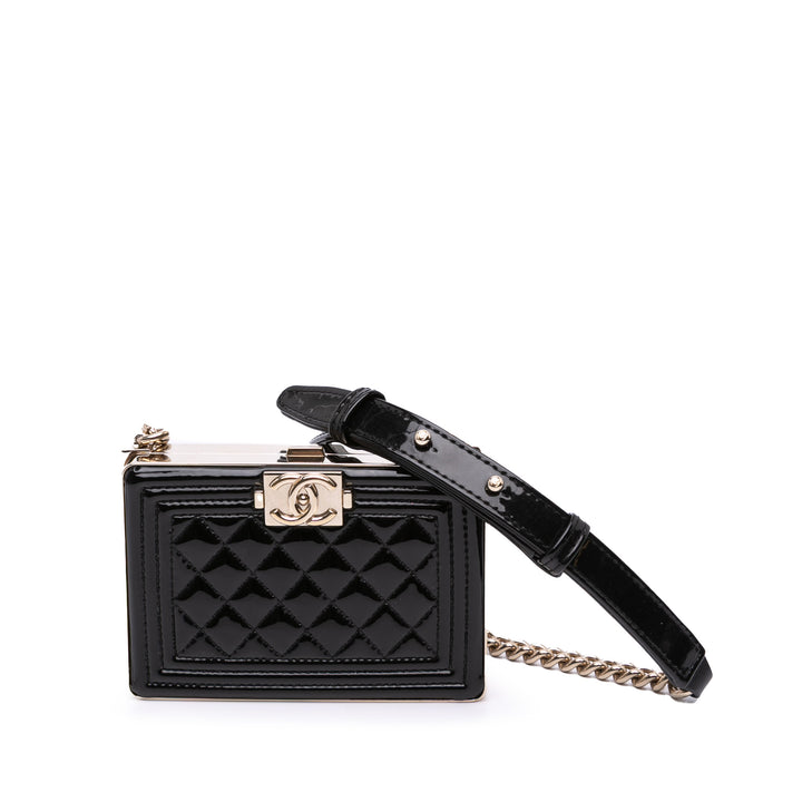 Quilted Patent Boy Box Minaudiere on Chain Black - Gaby Paris