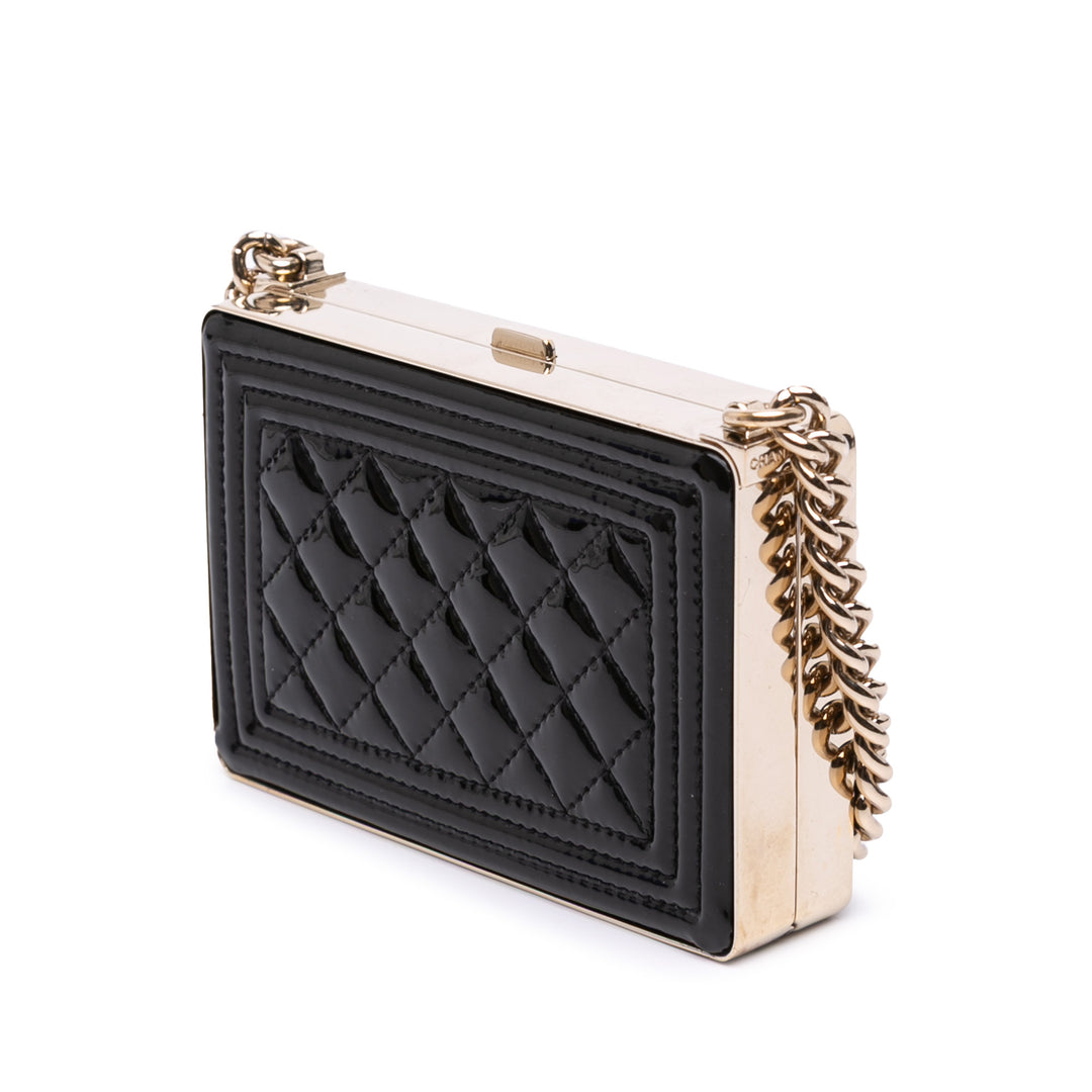 Quilted Patent Boy Box Minaudiere on Chain Black - Gaby Paris
