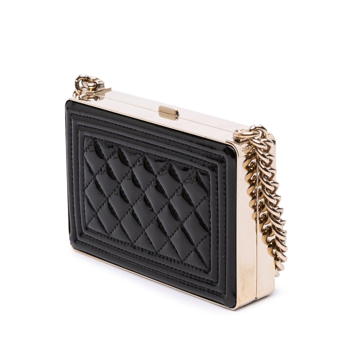 Quilted Patent Boy Box Minaudiere on Chain Black - Gaby Paris