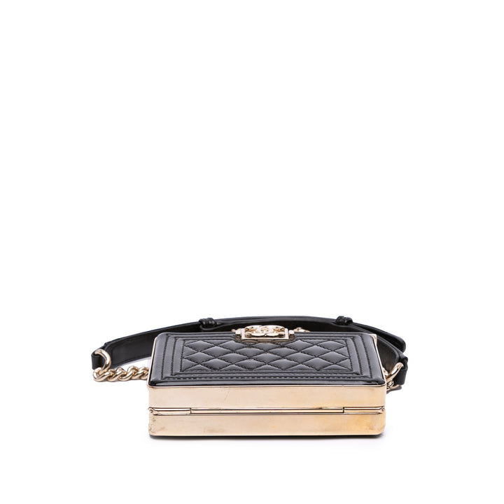 Quilted Patent Boy Box Minaudiere on Chain Black - Gaby Paris