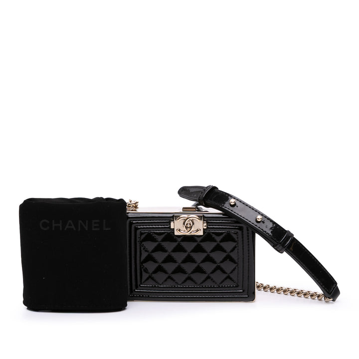 Quilted Patent Boy Box Minaudiere on Chain Black - Gaby Paris