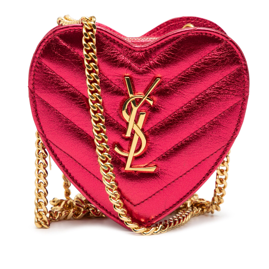Saint Laurent Mini Metallic Cuir Chevron Monogram Love Heart Sac à chaîne – GABY PARIS Authentique