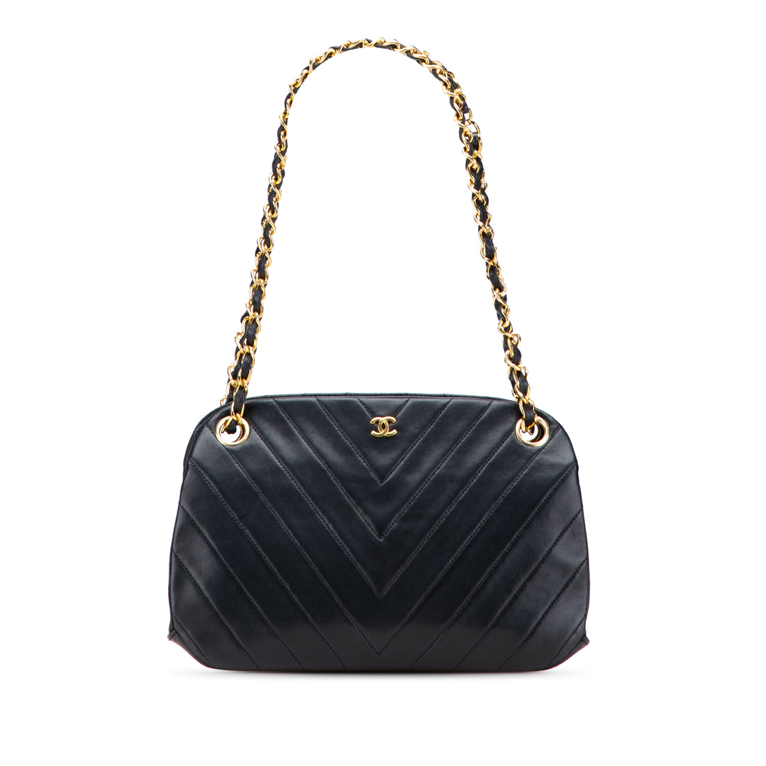 CC Chevron Quilted Lambskin Kiss Lock Shoulder Bag Black - Gaby Paris