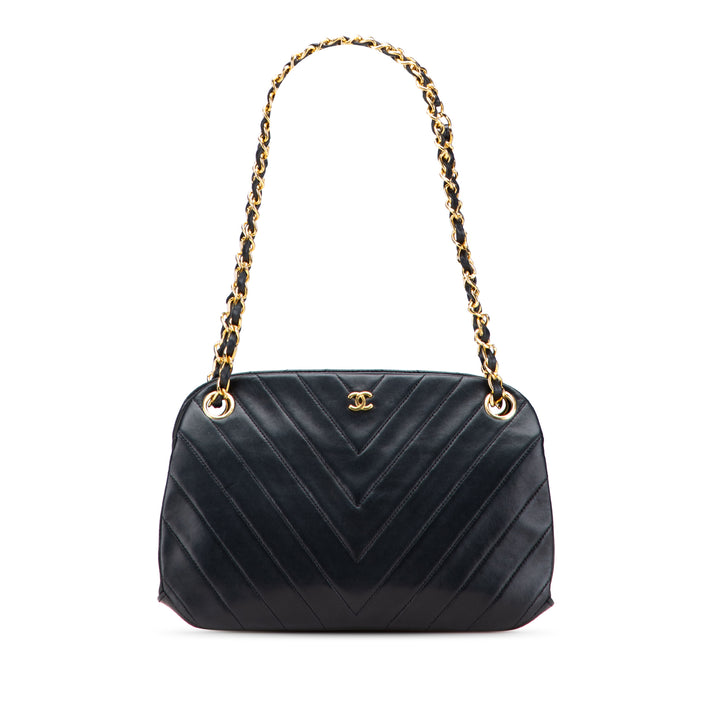 CC Chevron Quilted Lambskin Kiss Lock Shoulder Bag Black - Gaby Paris
