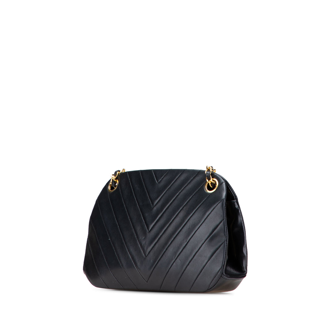 CC Chevron Quilted Lambskin Kiss Lock Shoulder Bag Black - Gaby Paris