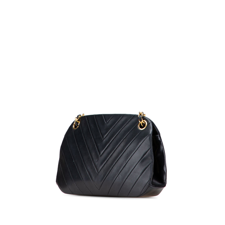 CC Chevron Quilted Lambskin Kiss Lock Shoulder Bag Black - Gaby Paris