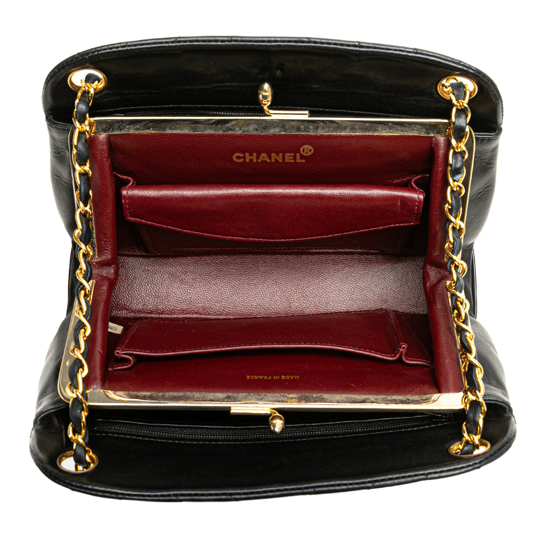 CC Chevron Quilted Lambskin Kiss Lock Shoulder Bag Black - Gaby Paris