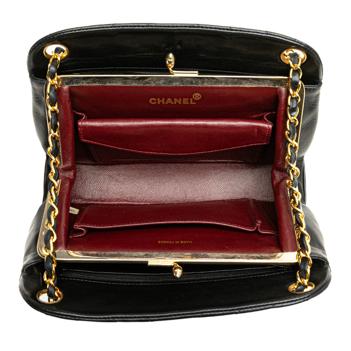 CC Chevron Quilted Lambskin Kiss Lock Shoulder Bag Black - Gaby Paris