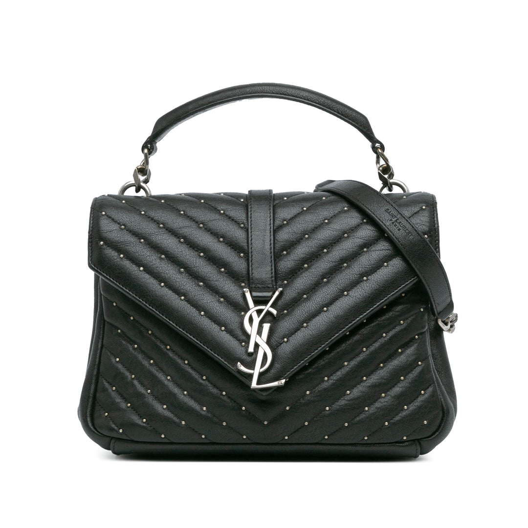 Medium Chevron Studded Sheepskin Monogram College Satchel Black - Gaby Paris