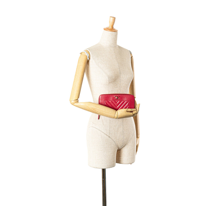 Chevron Sheepskin Mademoiselle Zip Around Wallet Red - Gaby Paris