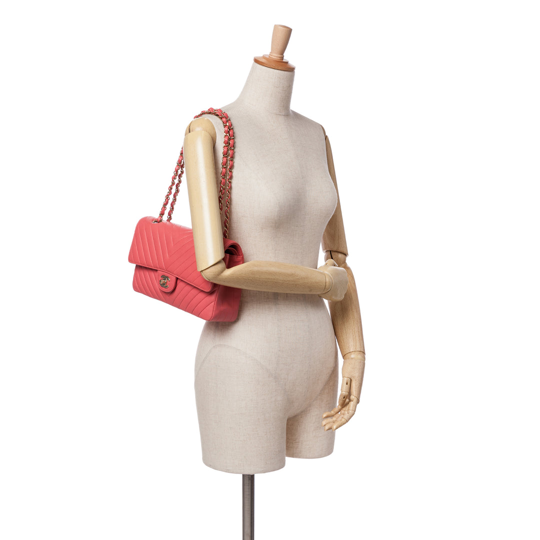 Medium Classic Chevron Lambskin Double Flap Red - Gaby Paris