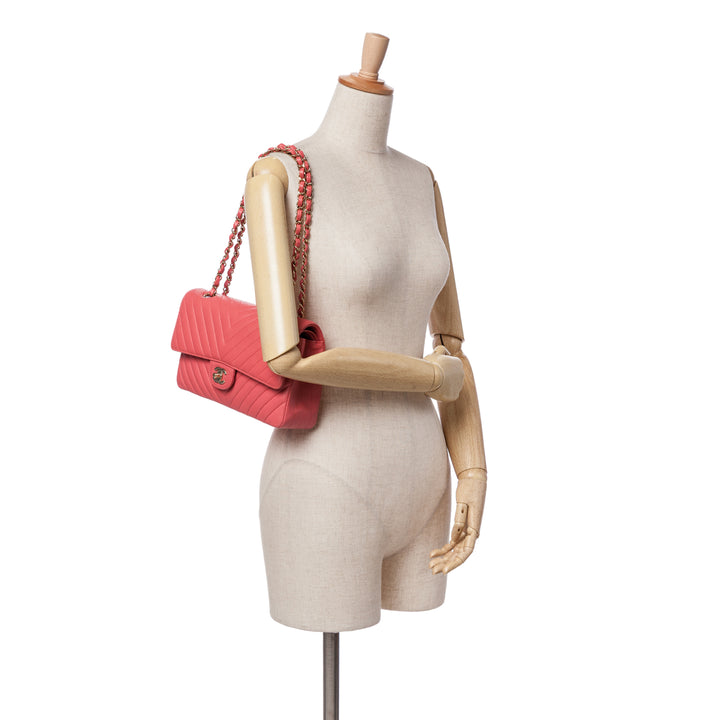Medium Classic Chevron Lambskin Double Flap Red - Gaby Paris
