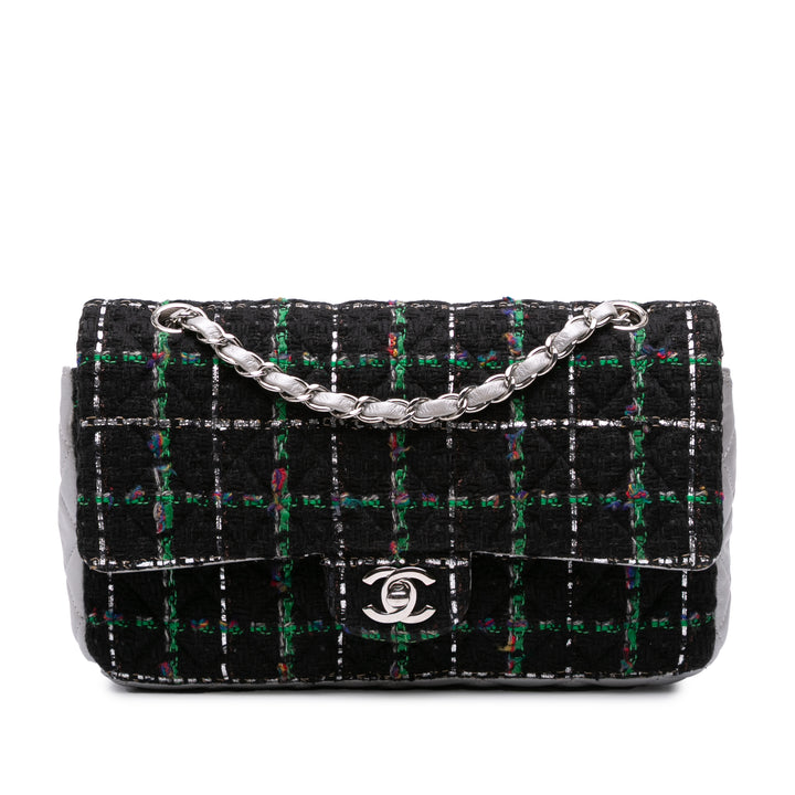 Chanel Medium Classic Quilted Tweed and Métallisé Cuir d’agneau Double rabat Noir
