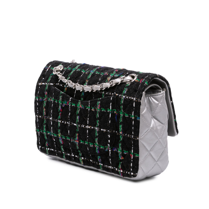 Chanel Medium Classic Quilted Tweed and Métallisé Cuir d’agneau Double rabat Noir