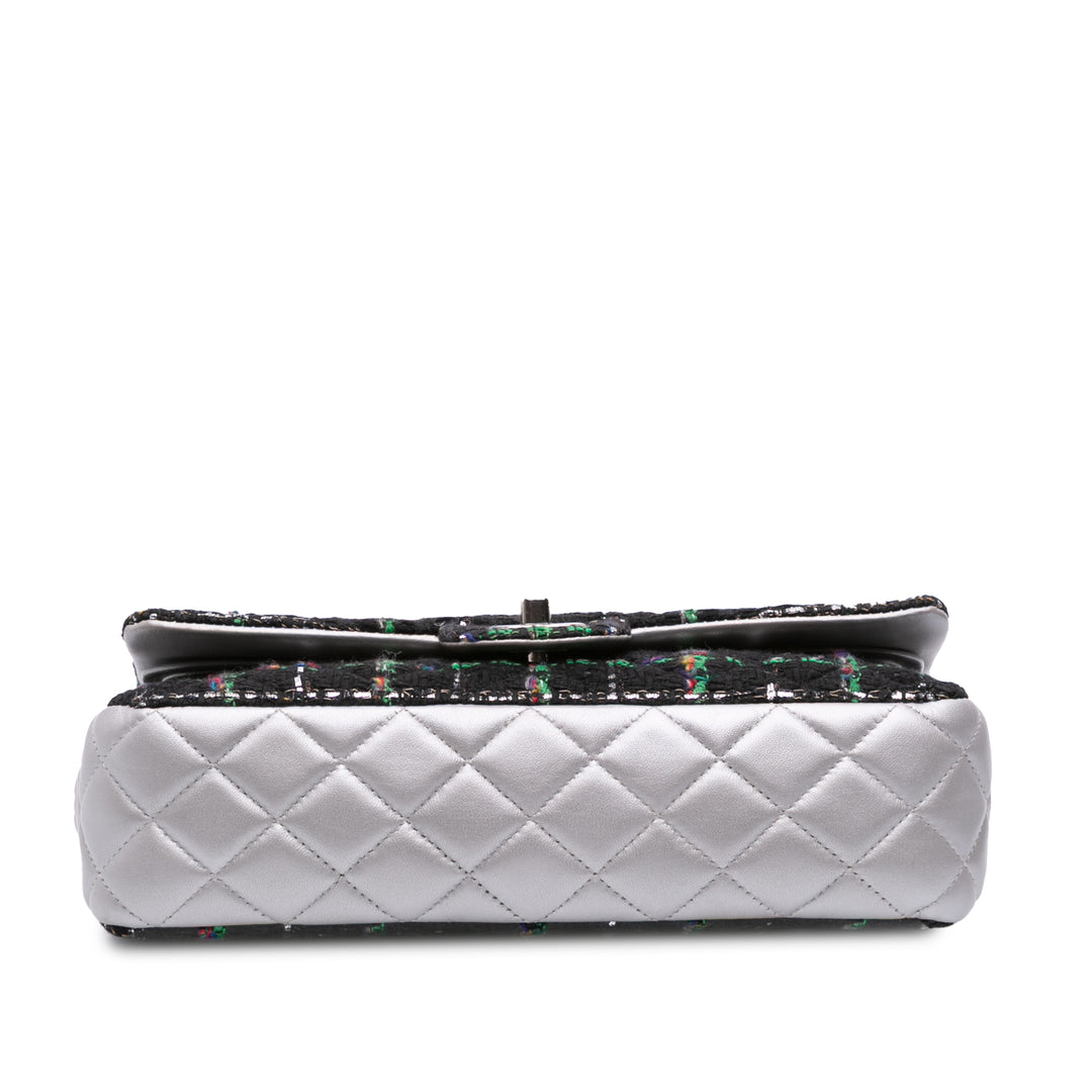 Chanel Medium Classic Quilted Tweed and Métallisé Cuir d’agneau Double rabat Noir