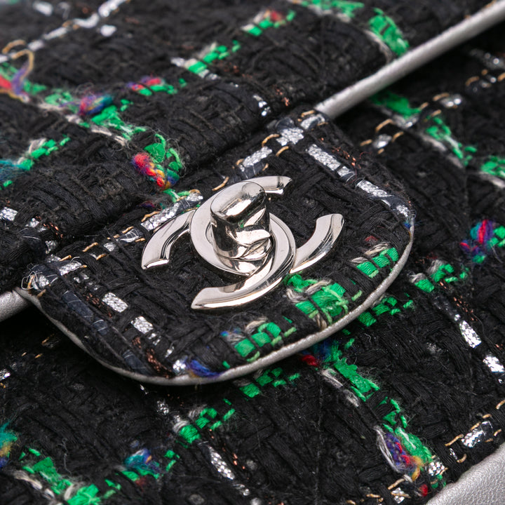 Chanel Medium Classic Quilted Tweed and Métallisé Cuir d’agneau Double rabat Noir