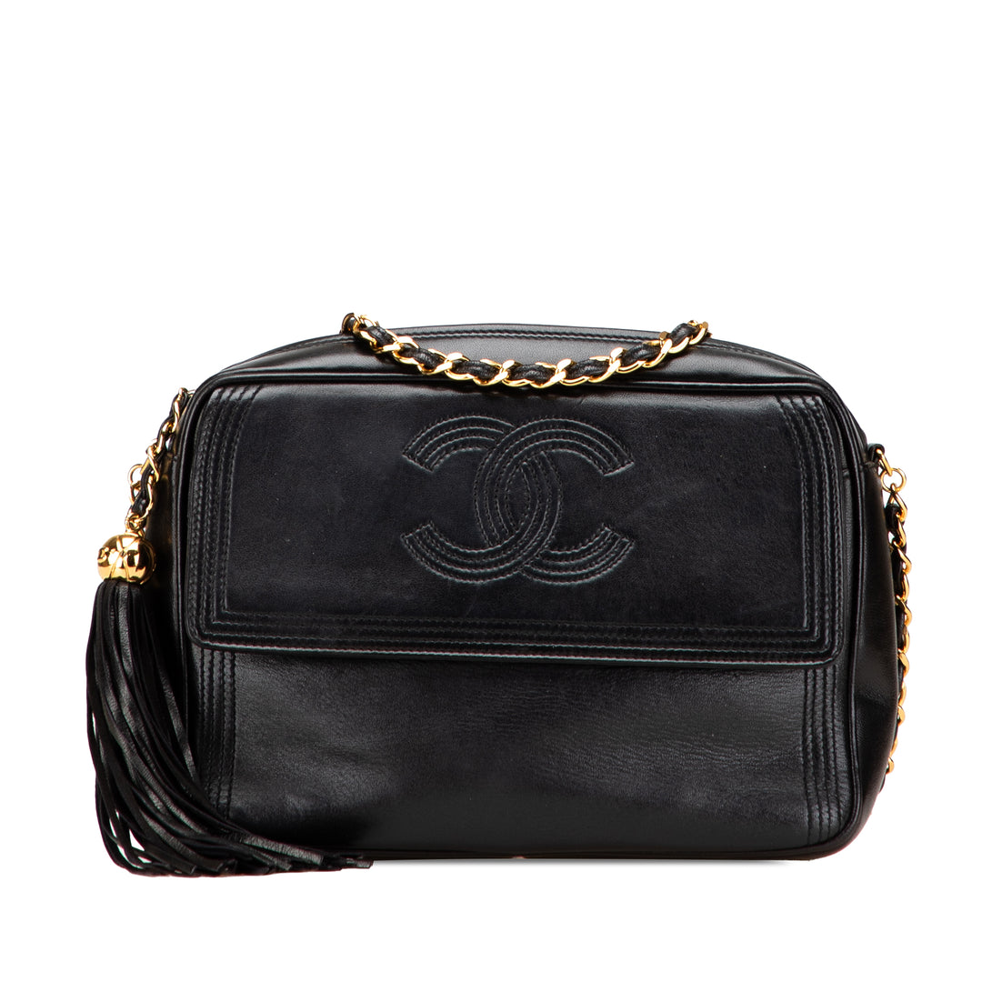 CC Quilted Lambskin Tassel Stitched Flap Crossbody Black - Gaby Paris