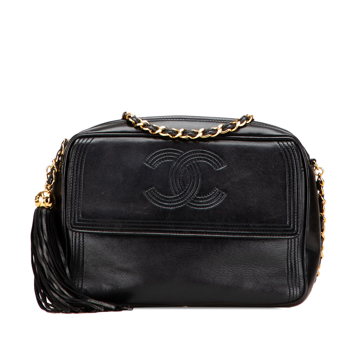 CC Quilted Lambskin Tassel Stitched Flap Crossbody Black - Gaby Paris