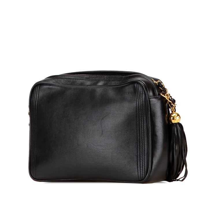 CC Quilted Lambskin Tassel Stitched Flap Crossbody Black - Gaby Paris