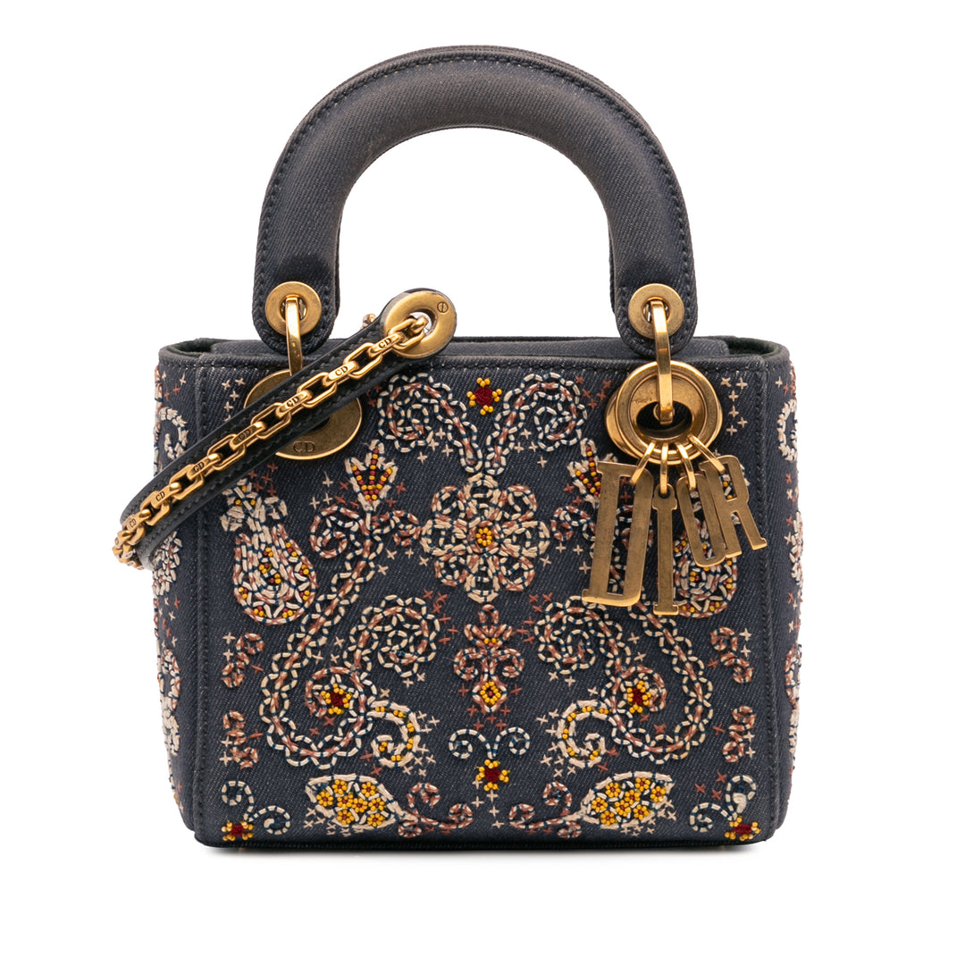 Mini Denim Embroidered Lady Dior Blue - Gaby Paris