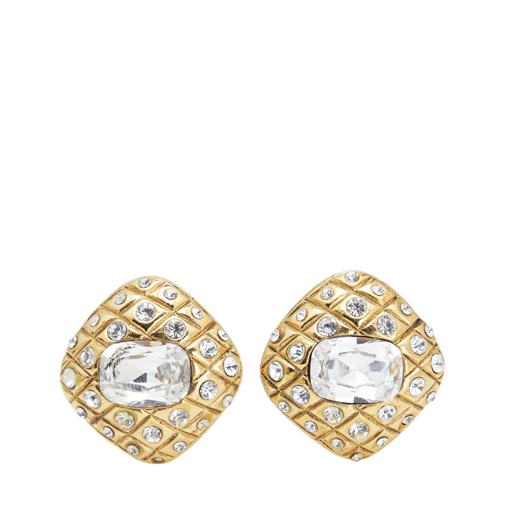 Gold Plated Quilted Diamond Crystal Clip On Earrings Gold - Gaby Paris