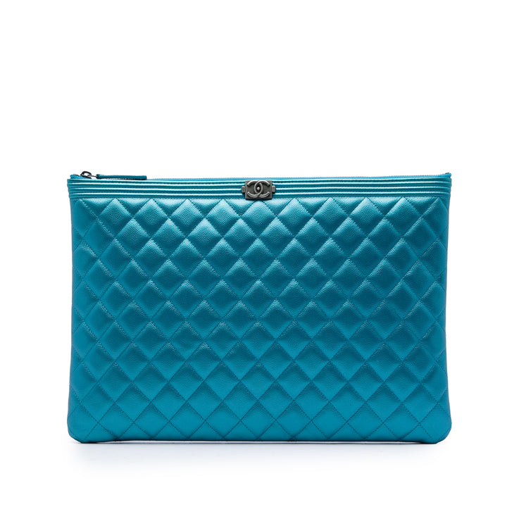 Matelassé Métallisé Boy O Étui Pochette Grand Cuir caviar Bleu