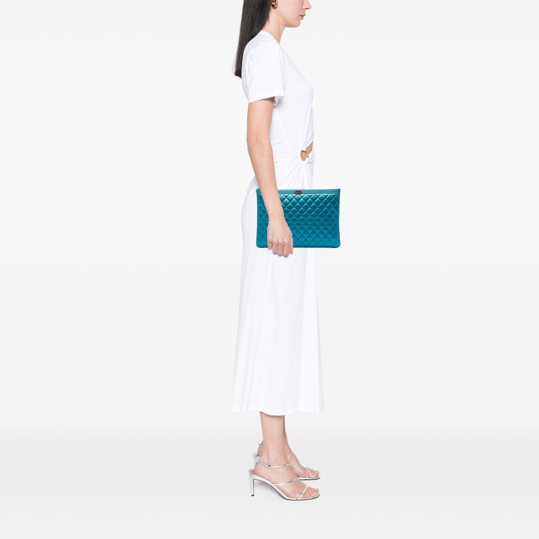 Matelassé Métallisé Boy O Étui Pochette Grand Cuir caviar Bleu