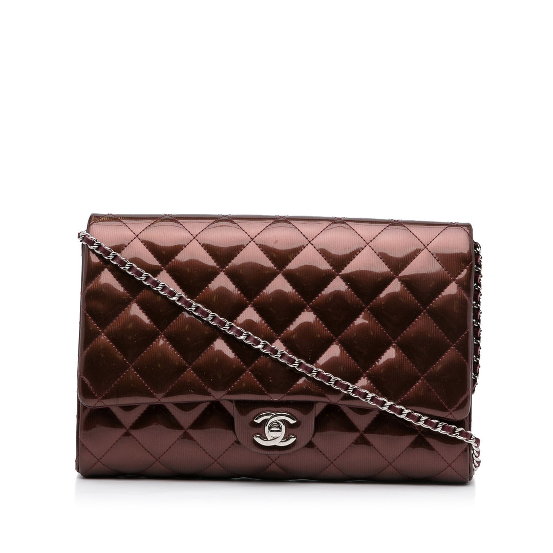 Quilted Patent Clutch With Chain Brown - Gaby Paris