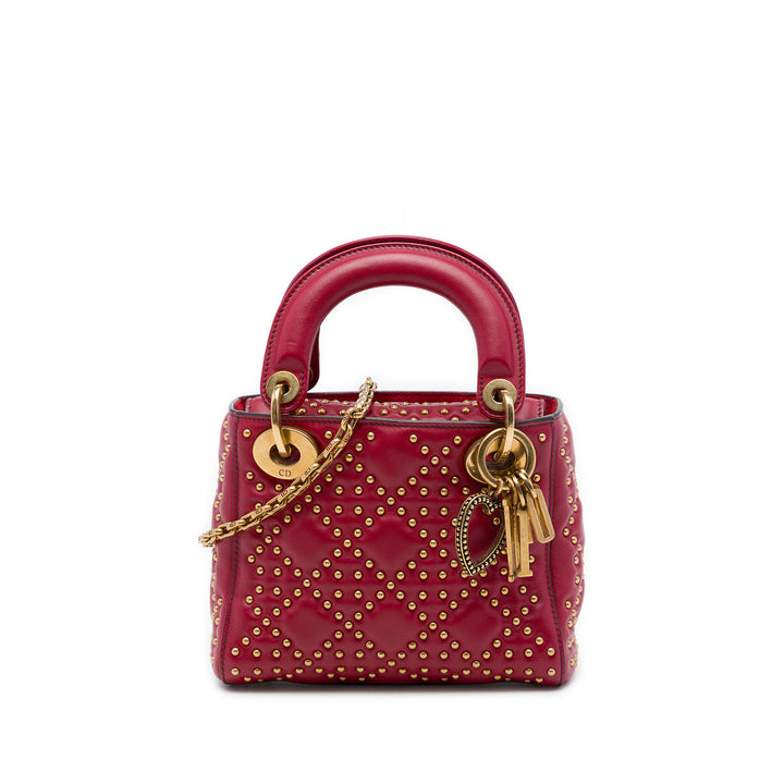 Dior Lady Dior Cannage clouté Souple Mini Cuir d'agneau Rouge