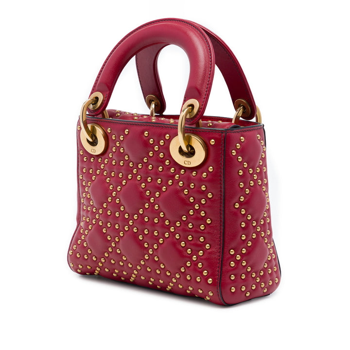 Dior Lady Dior Cannage clouté Souple Mini Cuir d'agneau Rouge