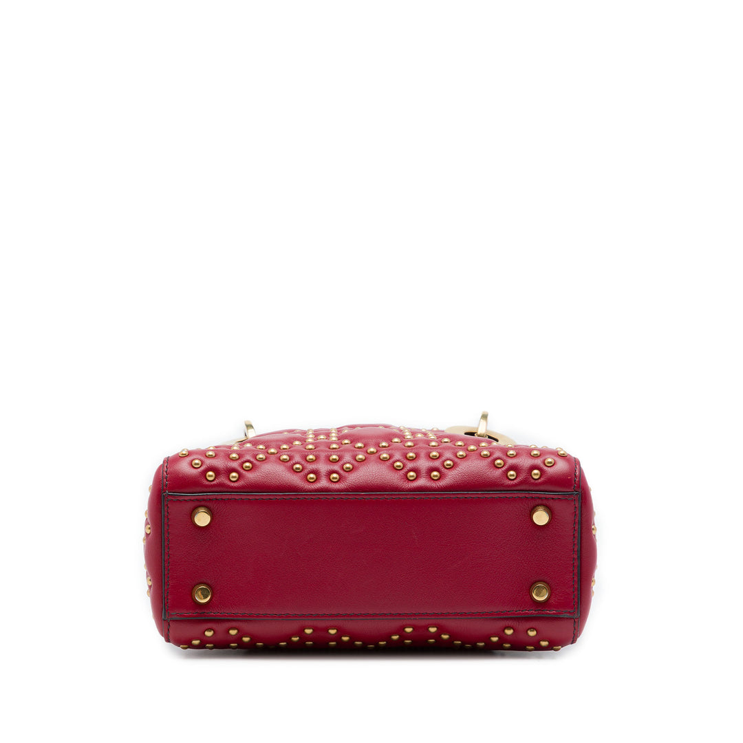 Dior Lady Dior Cannage clouté Souple Mini Cuir d'agneau Rouge