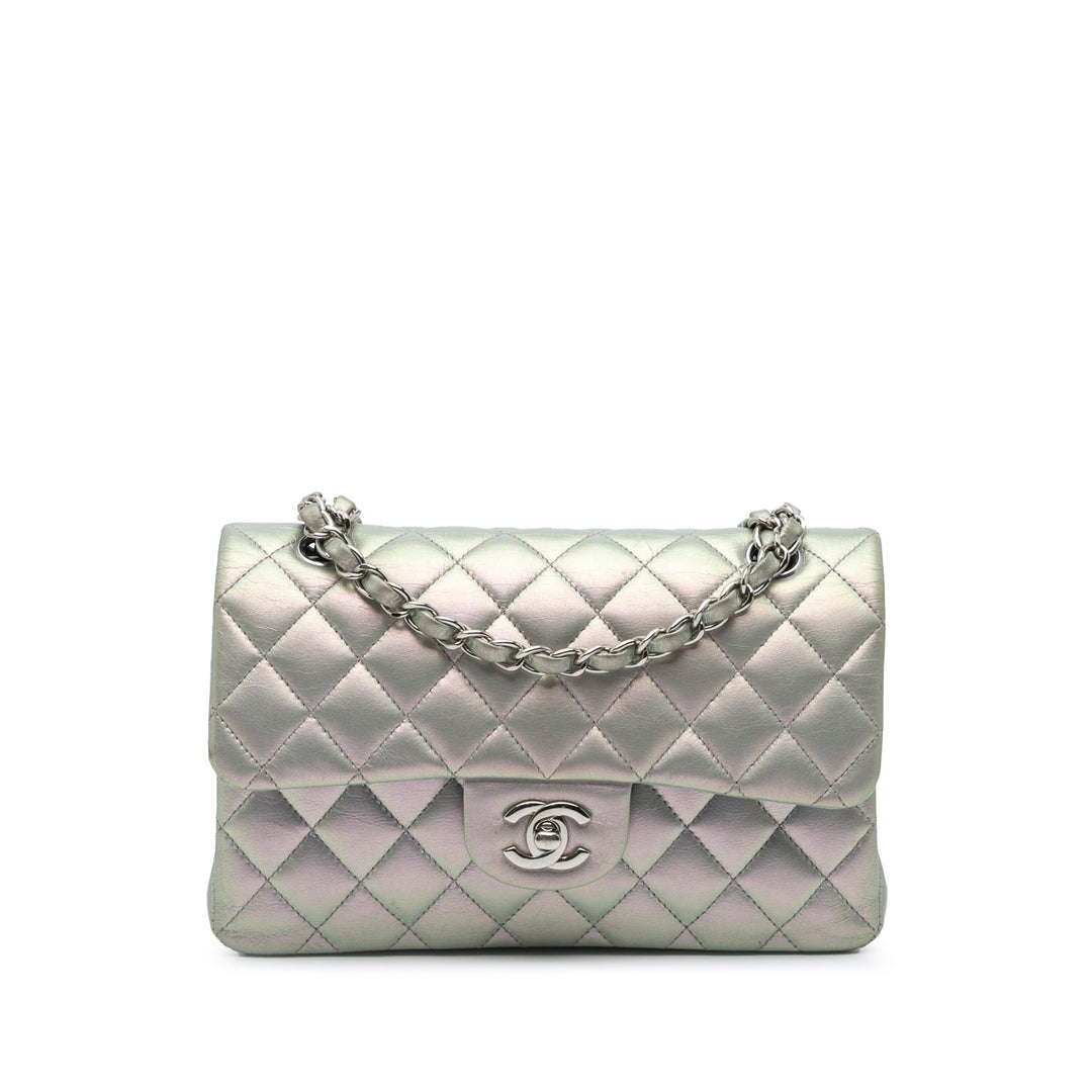 Small Classic Iridescent Lambskin Double Flap Silver - Gaby Paris