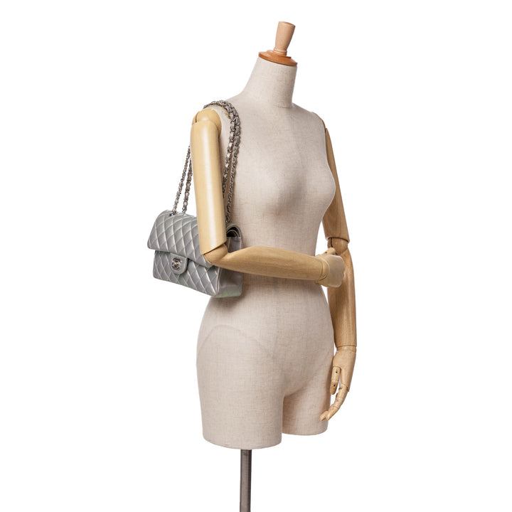 Small Classic Iridescent Lambskin Double Flap Silver - Gaby Paris
