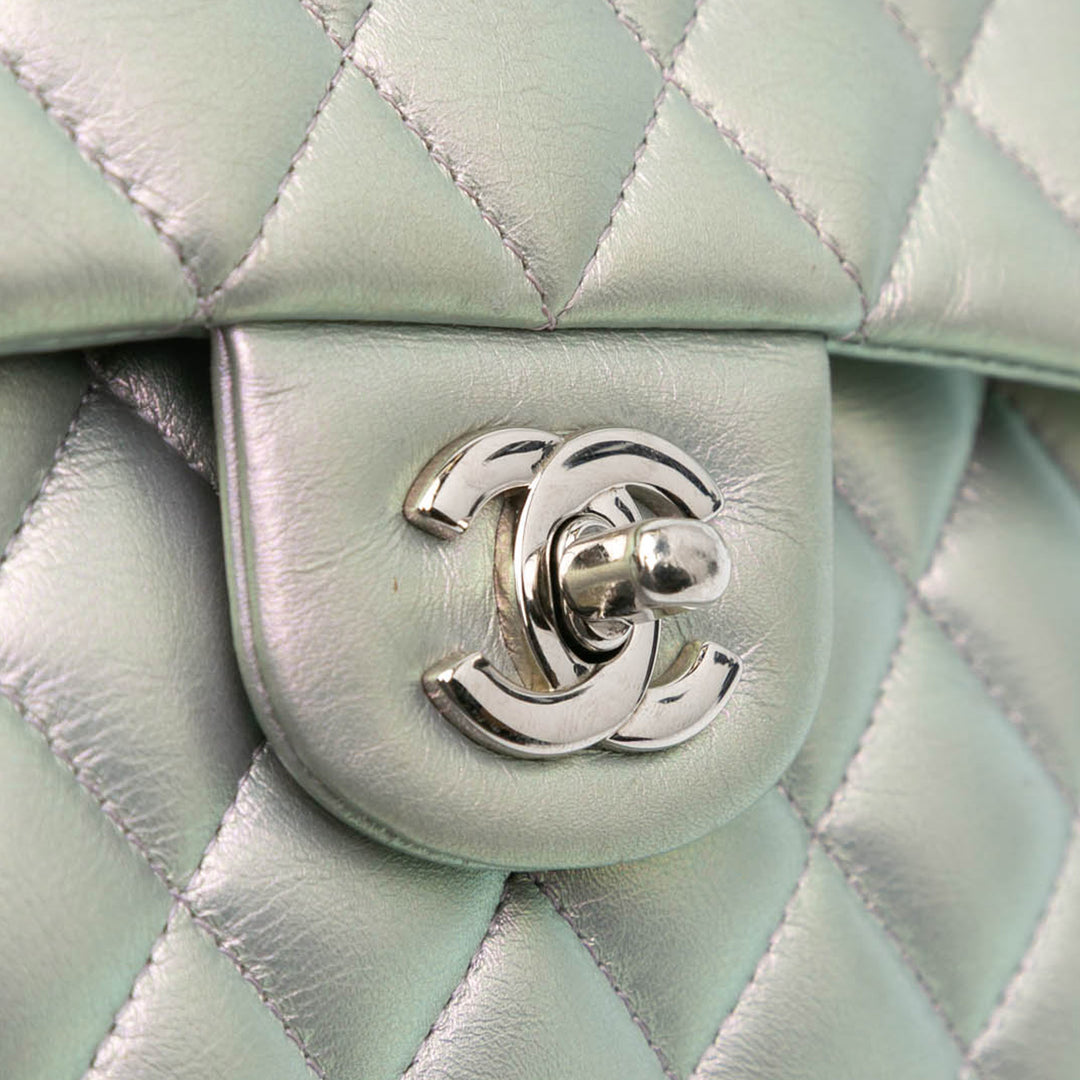Small Classic Iridescent Lambskin Double Flap Silver - Gaby Paris