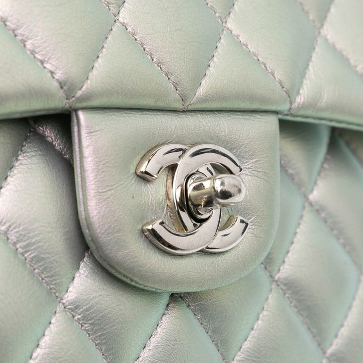 Small Classic Iridescent Lambskin Double Flap Silver - Gaby Paris