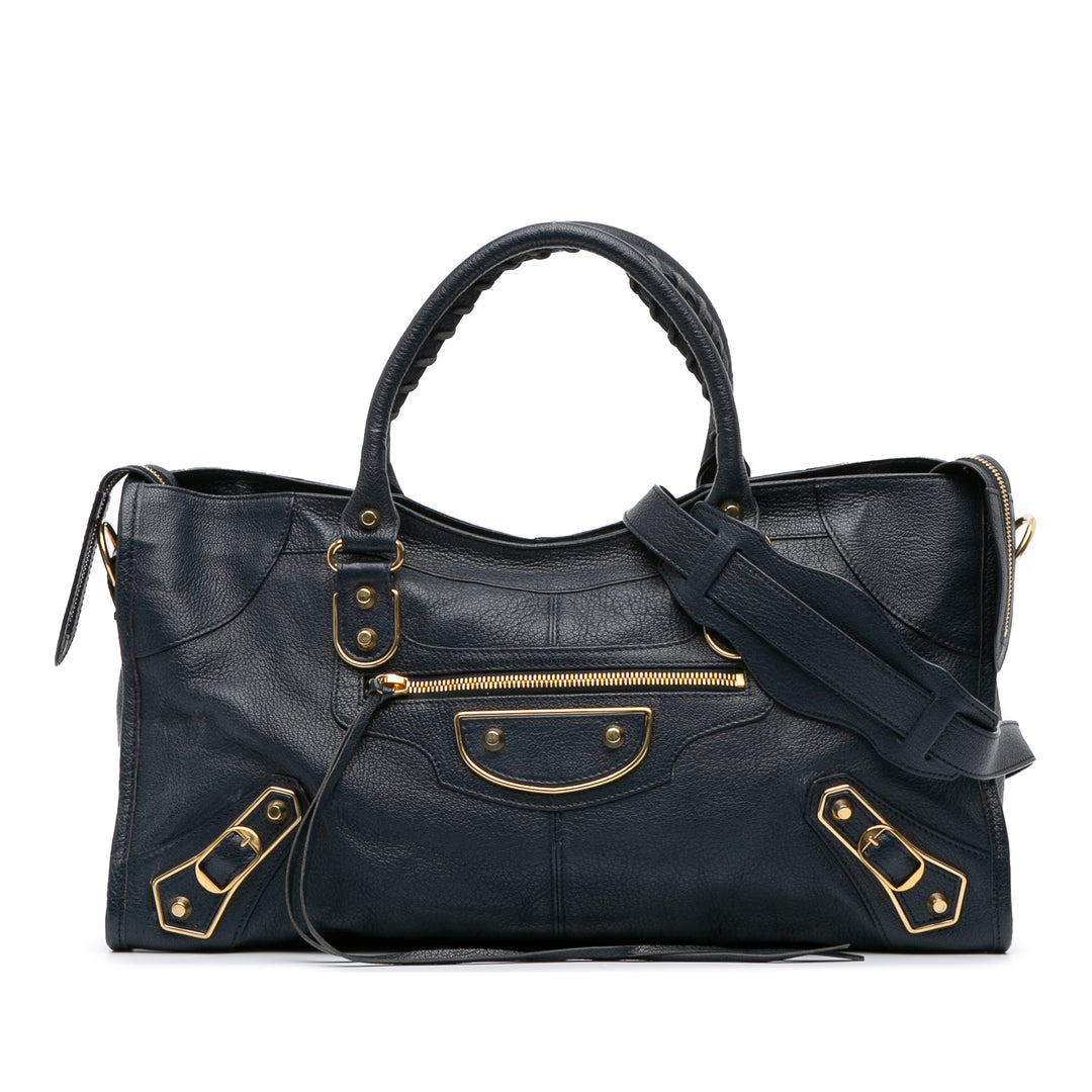 Goatskin Motocross Classic Metallic Edge Part Time Satchel Blue - Gaby Paris