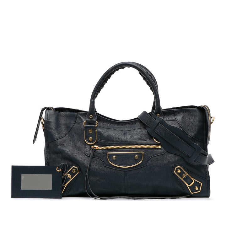 Goatskin Motocross Classic Metallic Edge Part Time Satchel Blue - Gaby Paris